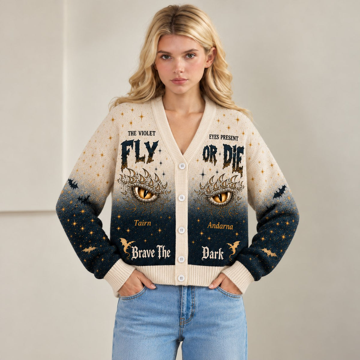 Fourth Wing cardigan Fly or Die Tairn Andarna dragon eyes ombre knit - view 6