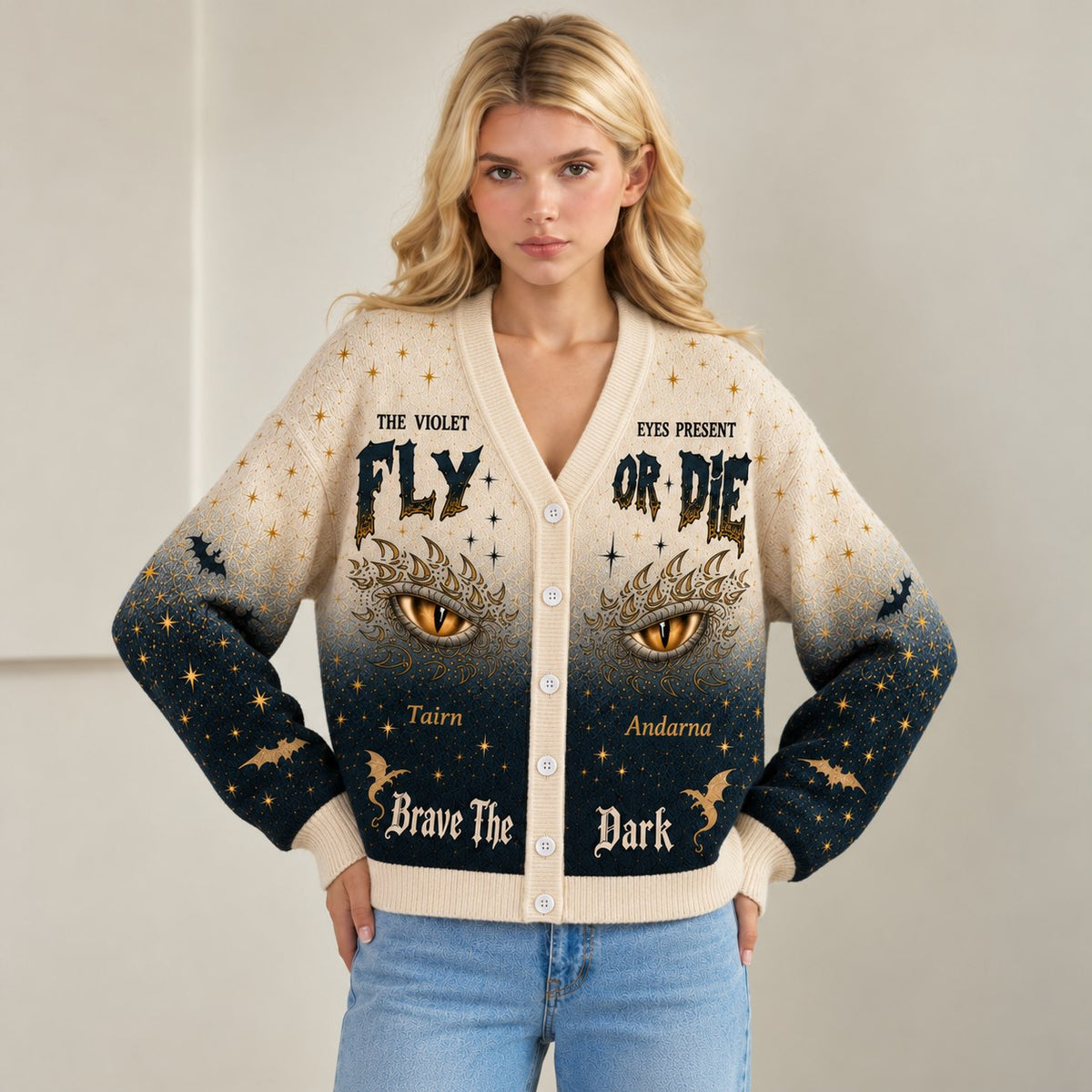 Fourth Wing cardigan Fly or Die Tairn Andarna dragon eyes ombre knit - view 7