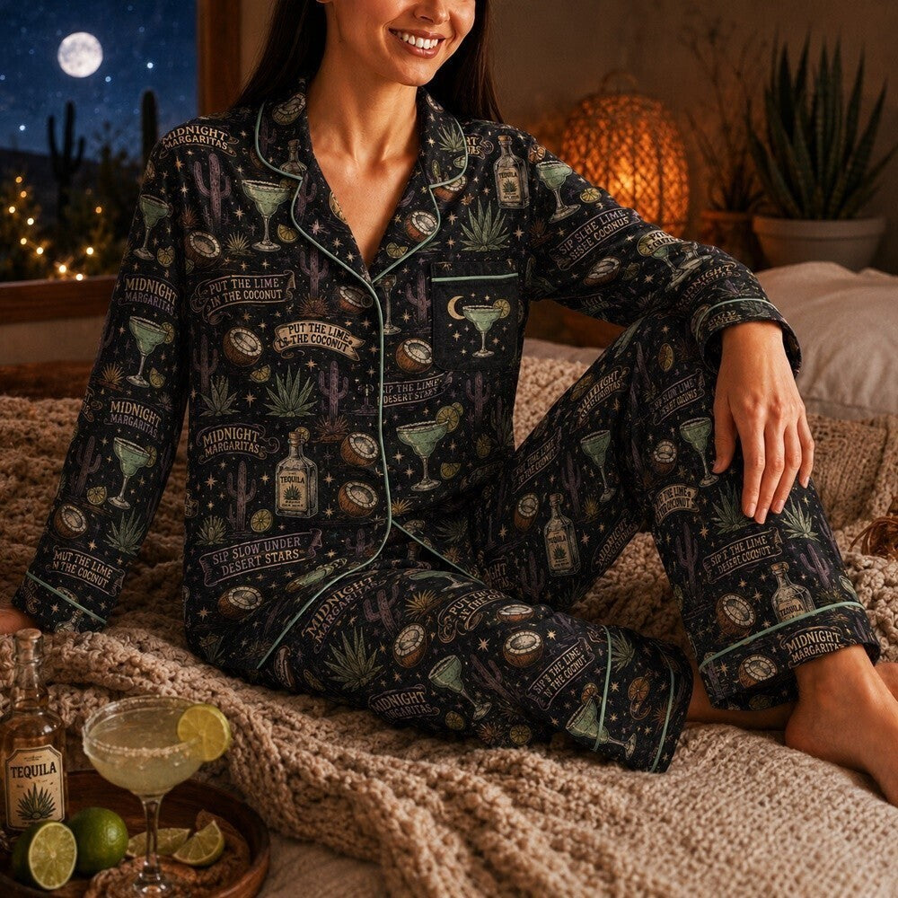 Margarita Cocktail Satin Pajama Set, Desert Night Sleepwear, Cactus Western Lounge PJs, Spooky Halloween Pajamas for Women