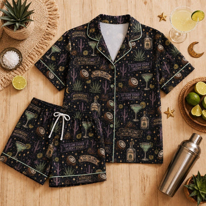 Margarita Cocktail Satin Pajama Set, Desert Night Sleepwear, Cactus Western Lounge PJs, Spooky Halloween Pajamas for Women