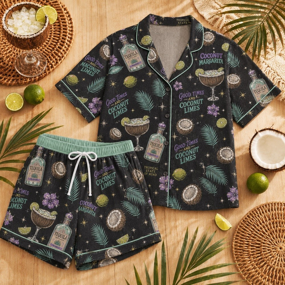 Coconut Margarita Pajamas, Tropical Satin Pajama Set, Cocktail Sleepwear, Goode Time And Coconut Limes Lounge PJs, Beach Vacation Gift