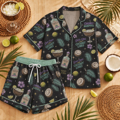 Coconut Margarita Pajamas, Tropical Satin Pajama Set, Cocktail Sleepwear, Goode Time And Coconut Limes Lounge PJs, Beach Vacation Gift
