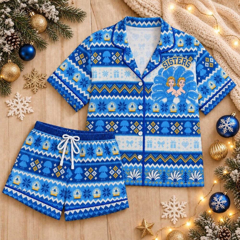 White Christmas Sisters Pajamas Sets, Blue Fair Isle Print, Long Sleeve Set, Short Sleeve Set or Pajama Pants, Sister Gift