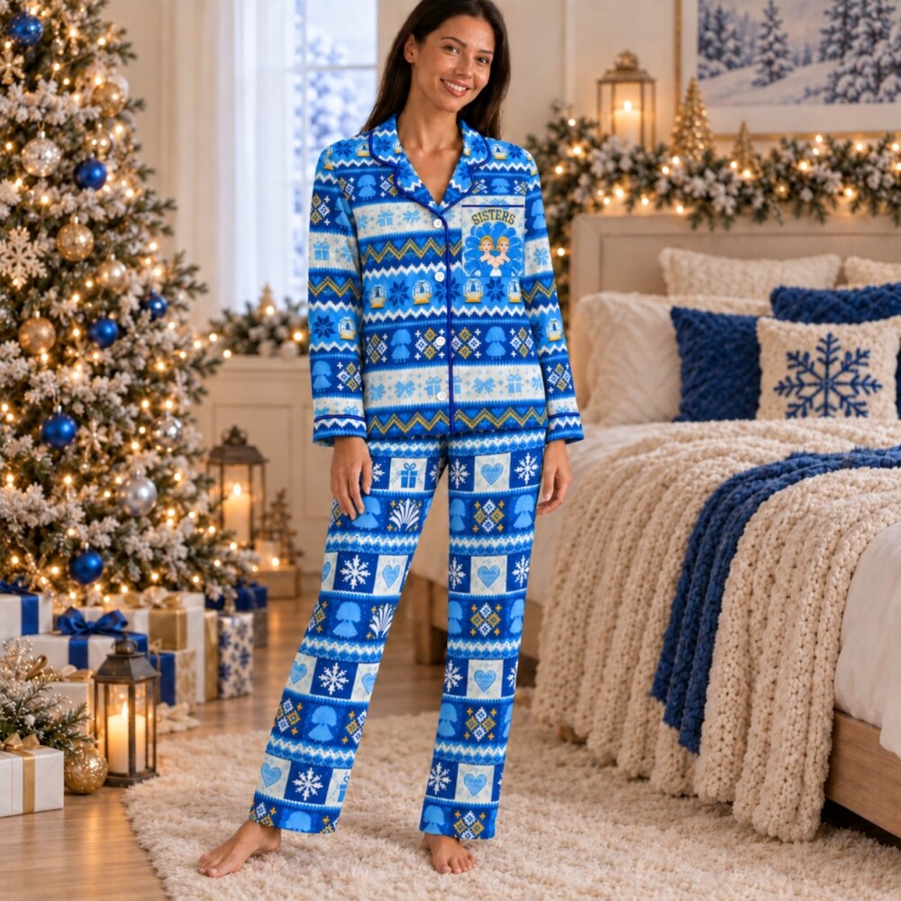 White Christmas Sisters Pajamas Sets, Blue Fair Isle Print, Long Sleeve Set, Short Sleeve Set or Pajama Pants, Sister Gift