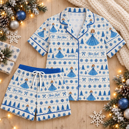 Blue White Sisters Christmas Pajamas Set, Long Sleeve, Short Sleeve or Pajama Pants, Holiday Gift