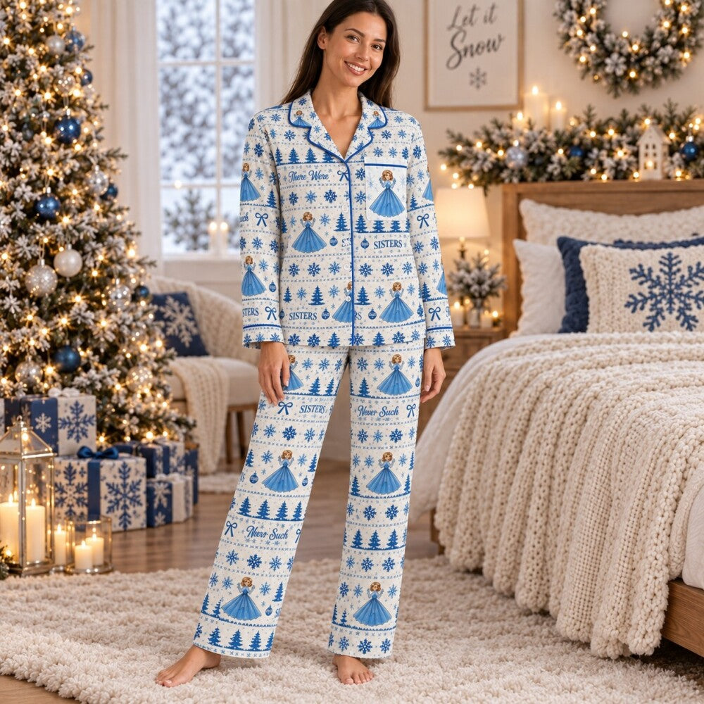 Blue White Sisters Christmas Pajamas Set, Long Sleeve, Short Sleeve or Pajama Pants, Holiday Gift