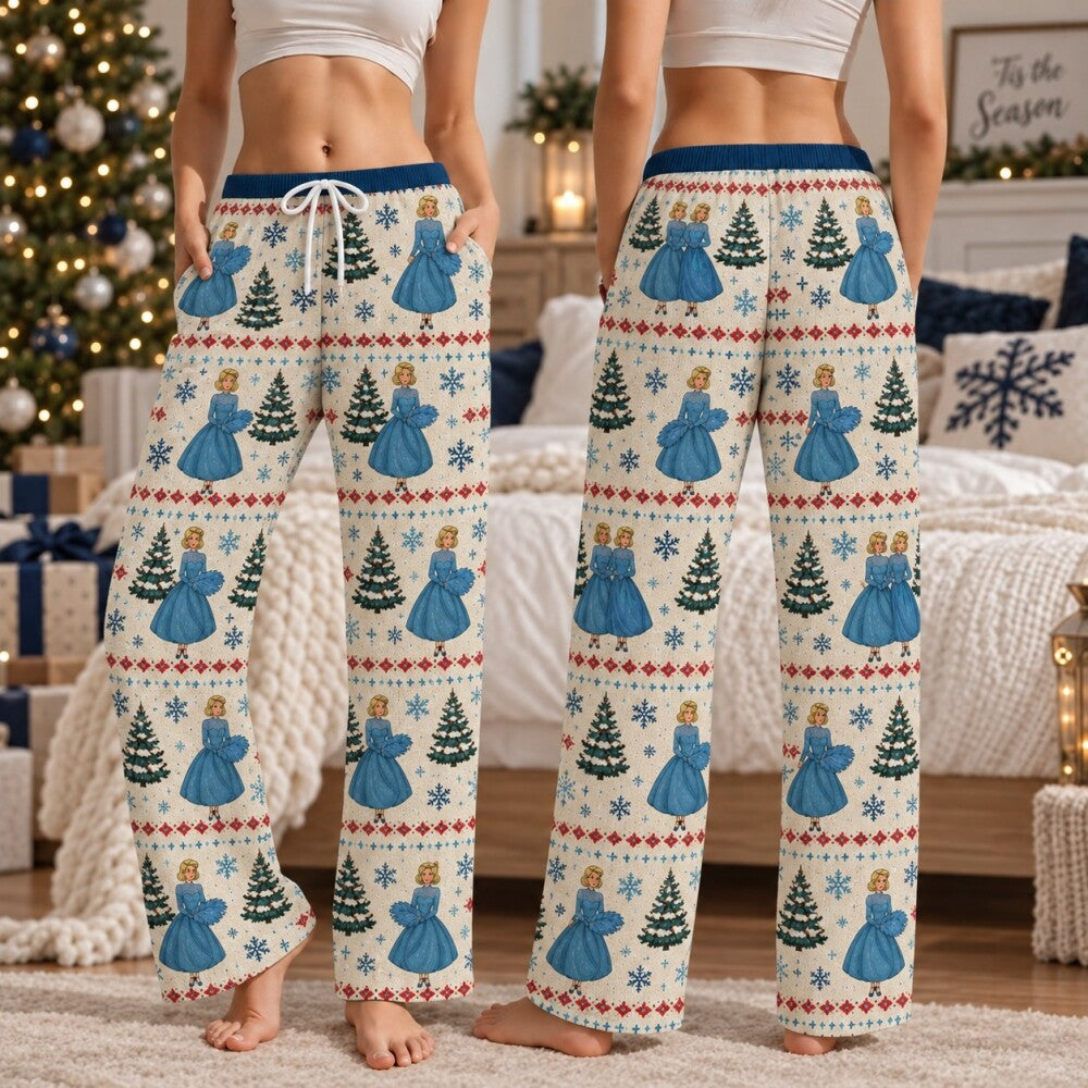 White Christmas Sisters Pajamas Sets, Cream Christmas Tree Print, Long Sleeve Set, Short Sleeve Set or Pajama Pants, Sister Gift