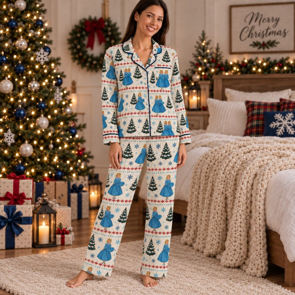 White Christmas Sisters Pajamas Sets, Cream Christmas Tree Print, Long Sleeve Set, Short Sleeve Set or Pajama Pants, Sister Gift