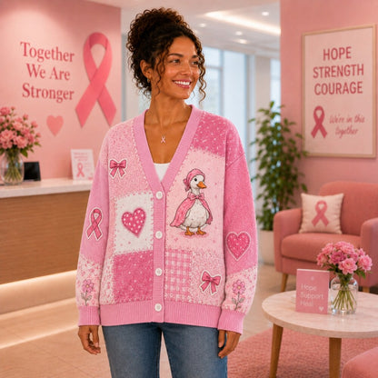 Pink Ribbon Breast Cancer Awareness Cardigan, Pink Goose Sweater, October Awareness Cardigan, Gift for Women