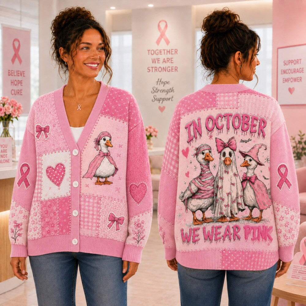 Pink Ribbon Breast Cancer Awareness Cardigan, Pink Goose Sweater, October Awareness Cardigan, Gift for Women