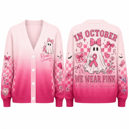 Pink Ribbon Breast Cancer Awareness Cardigan, Pink Ghost Sweater, October Halloween Cardigan, Gift for Women