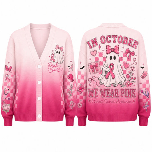 Pink Halloween Sweater - Pink Ribbon Ghost Cardigan, Breast Cancer Awareness Clothing
