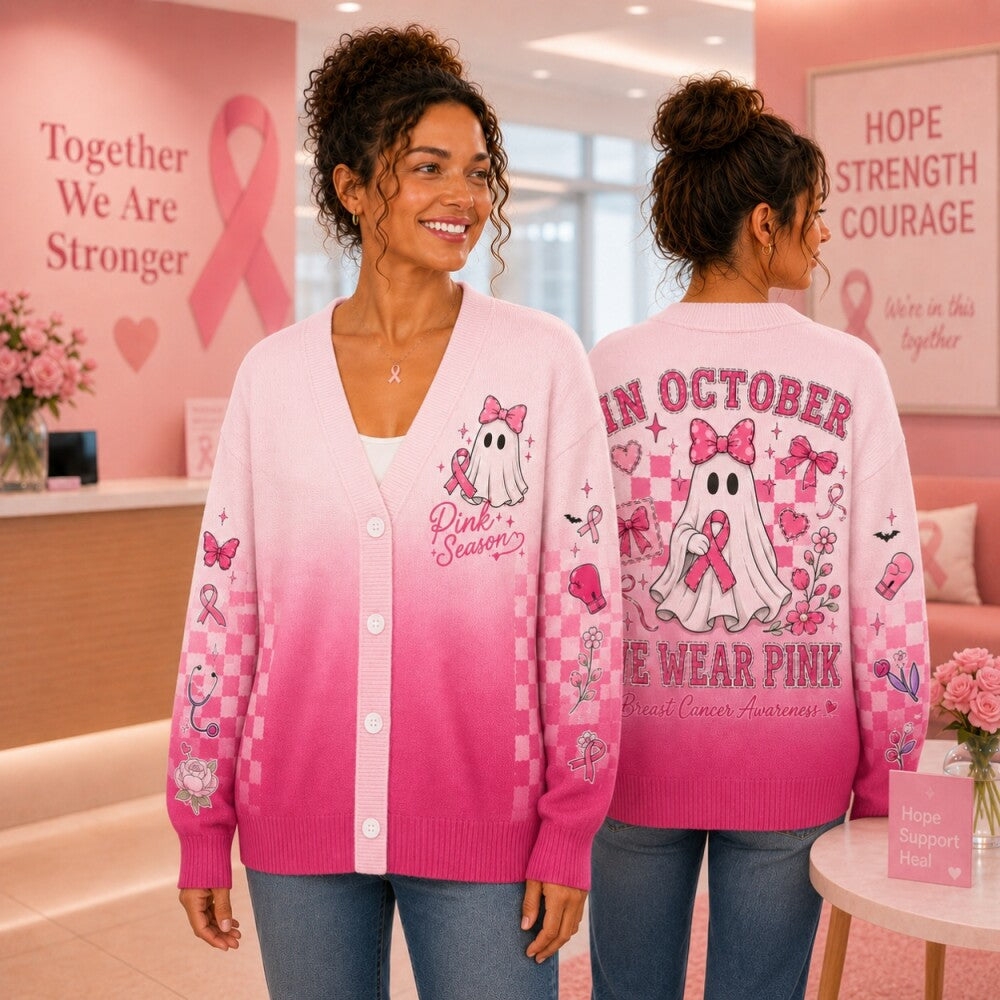 Pink Ribbon Breast Cancer Awareness Cardigan, Pink Ghost Sweater, October Halloween Cardigan, Gift for Women