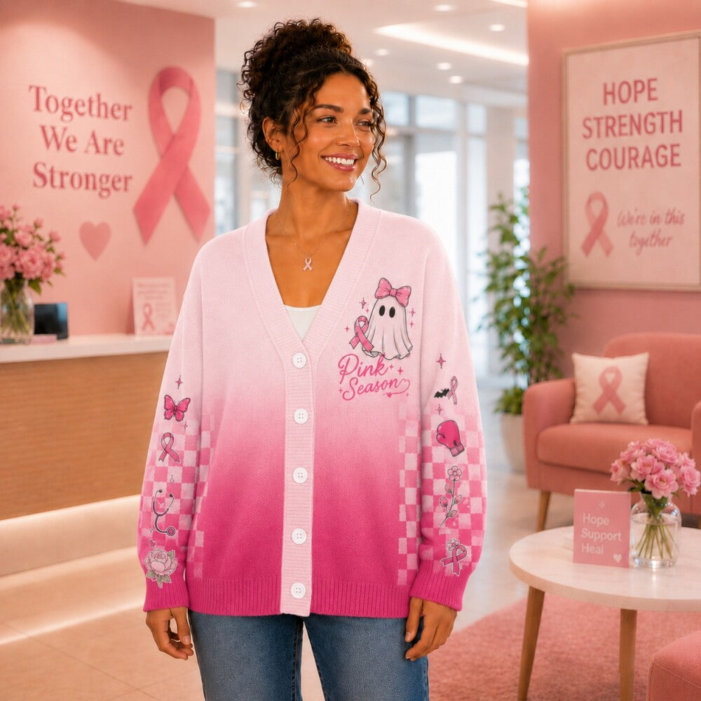 Pink Ribbon Breast Cancer Awareness Cardigan, Pink Ghost Sweater, October Halloween Cardigan, Gift for Women