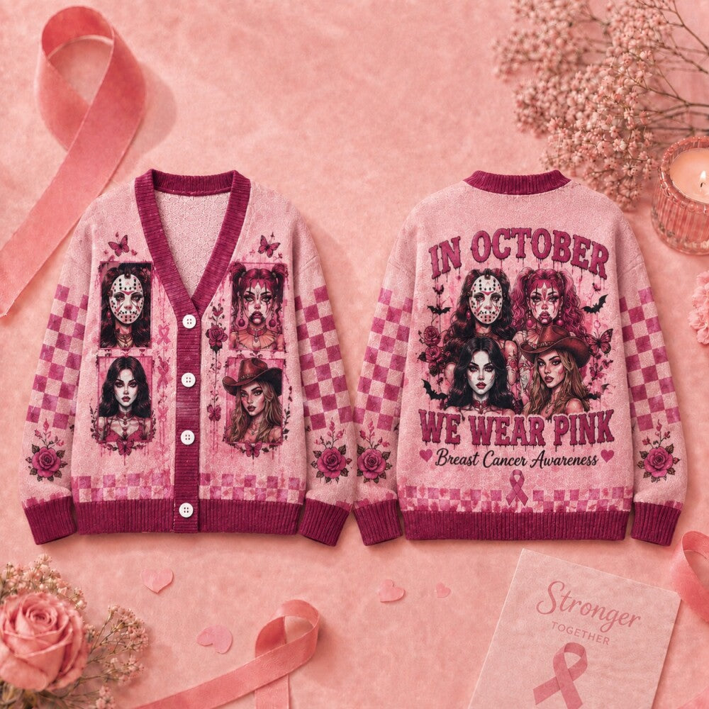 Pink Ribbon Breast Cancer Awareness Cardigan, Spooky Girl Sweater, October Halloween Cardigan, Women’s Gift