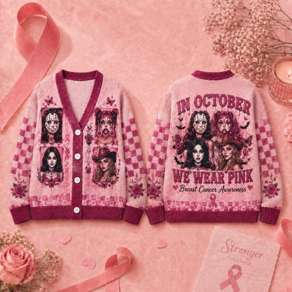 Pink Ribbon Breast Cancer Awareness Cardigan, Spooky Girl Sweater, October Halloween Cardigan, Women’s Gift