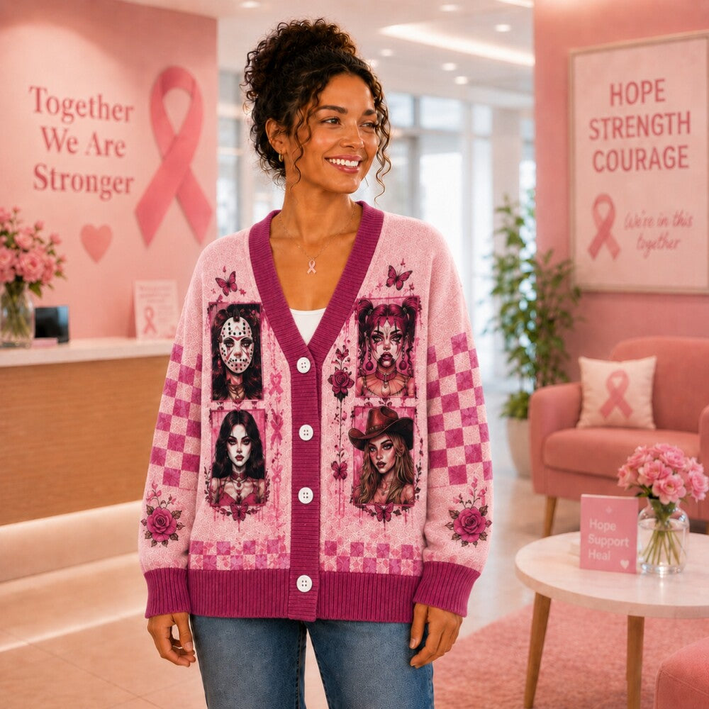 Pink Ribbon Breast Cancer Awareness Cardigan, Spooky Girl Sweater, October Halloween Cardigan, Women’s Gift