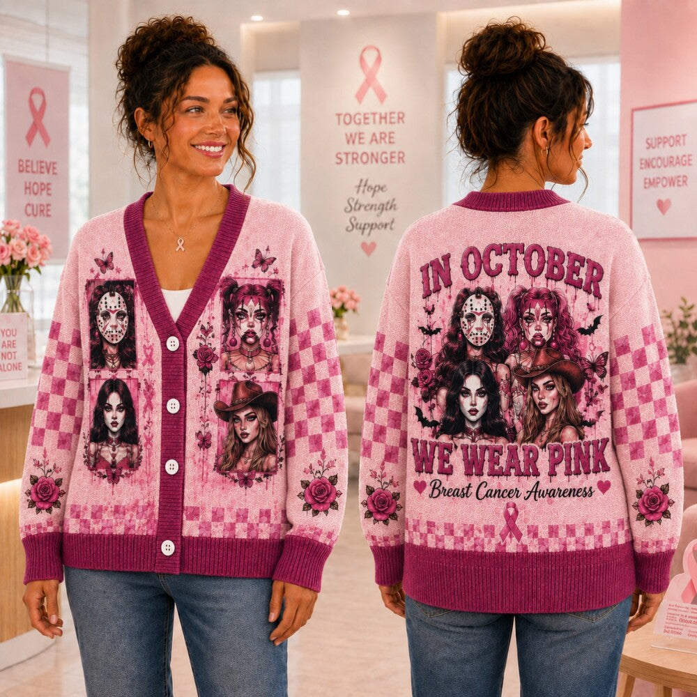 Pink Ribbon Breast Cancer Awareness Cardigan, Spooky Girl Sweater, October Halloween Cardigan, Women’s Gift
