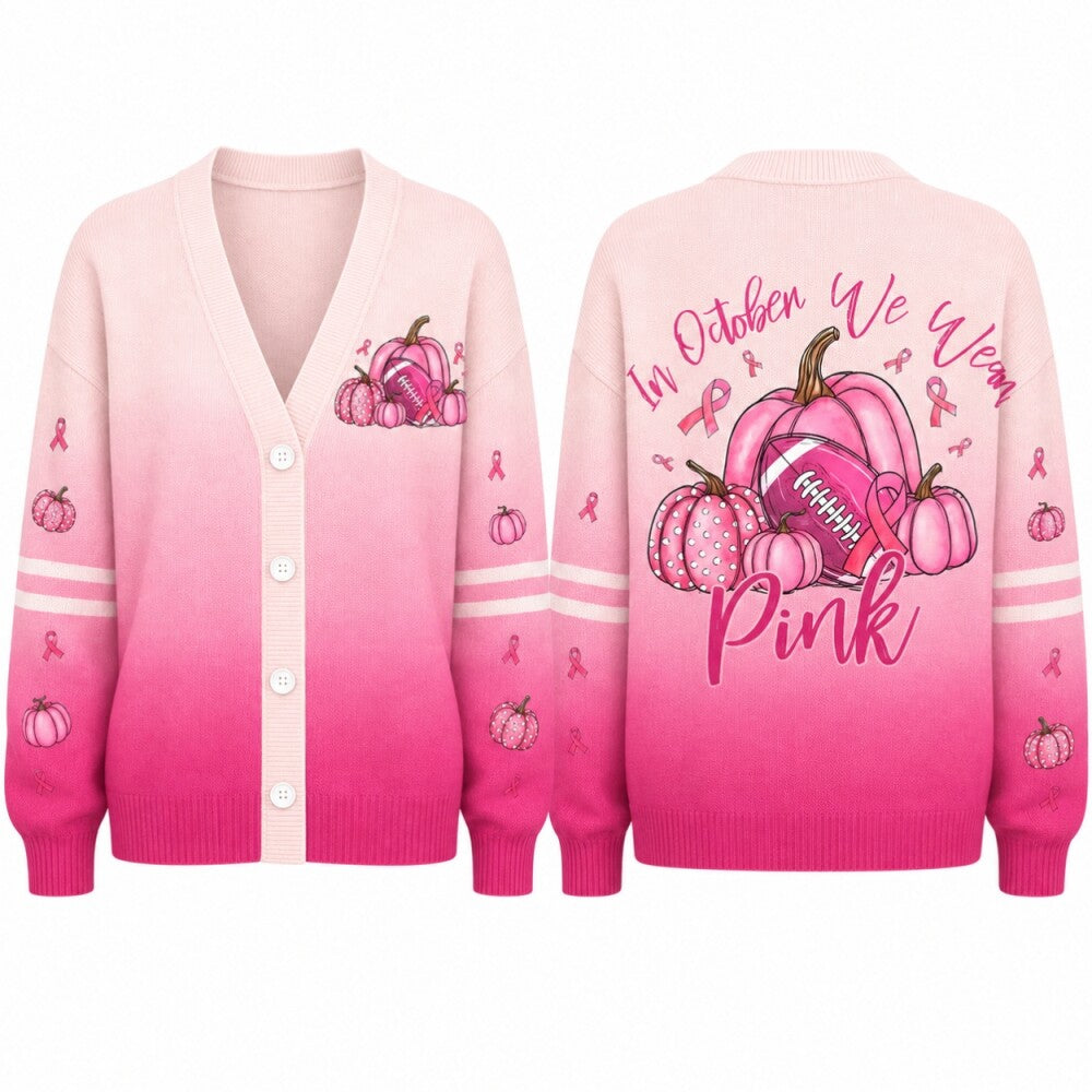 Pink Ribbon Breast Cancer Awareness Cardigan, Pink Pumpkin Sweater, October Halloween Cardigan, Women’s Gift