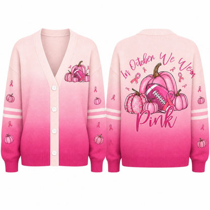Pink Ribbon Breast Cancer Awareness Cardigan, Pink Pumpkin Sweater, October Halloween Cardigan, Women’s Gift