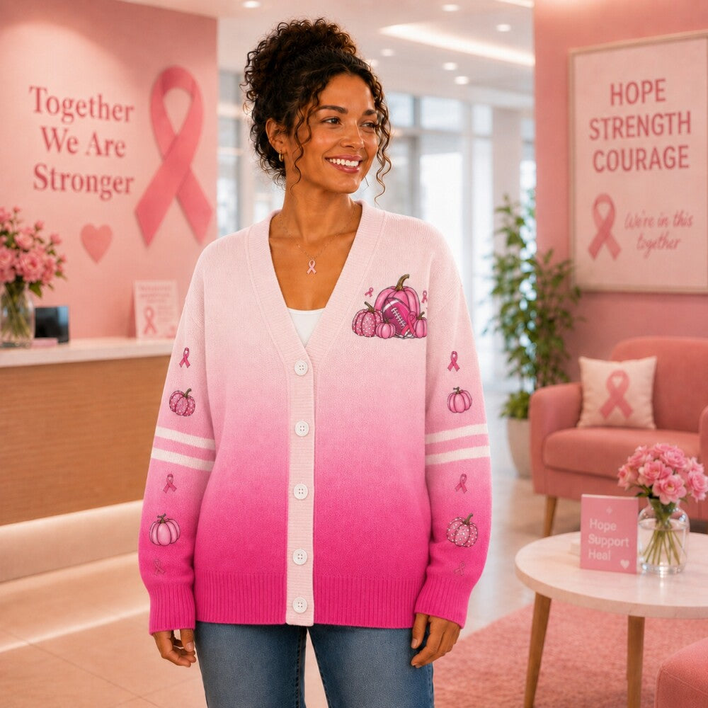 Pink Ribbon Breast Cancer Awareness Cardigan, Pink Pumpkin Sweater, October Halloween Cardigan, Women’s Gift