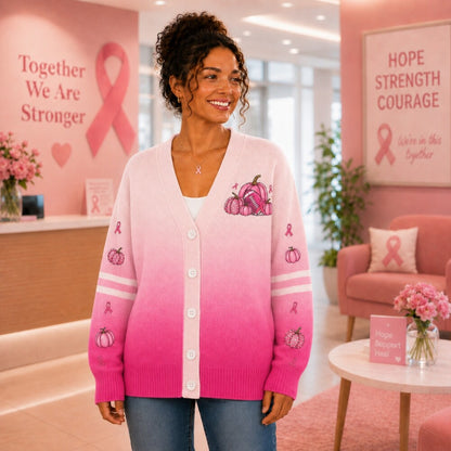 Pink Ribbon Breast Cancer Awareness Cardigan, Pink Pumpkin Sweater, October Halloween Cardigan, Women’s Gift