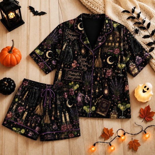 Halloween Pajamas - Gothic Witch Potion & Moon Floral Satin Set for Women