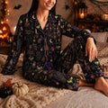 Gothic Witch Satin Pajama Set, Magical Potion Halloween Sleepwear, Moon Floral Spooky PJs, Witchy Cocktail Nightwear for Women