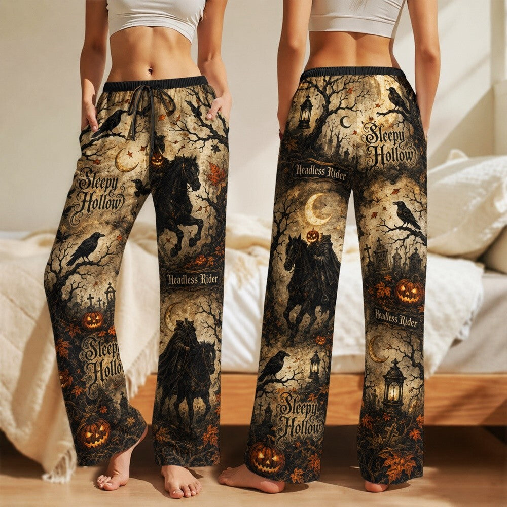Gothic Headless Rider Satin Pajama Set, Haunted Forest Halloween Sleepwear, Vintage Pumpkin Raven PJs, Spooky Autumn Gift
