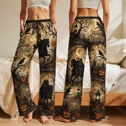 Gothic Headless Rider Satin Pajama Set, Haunted Forest Halloween Sleepwear, Vintage Pumpkin Raven PJs, Spooky Autumn Gift