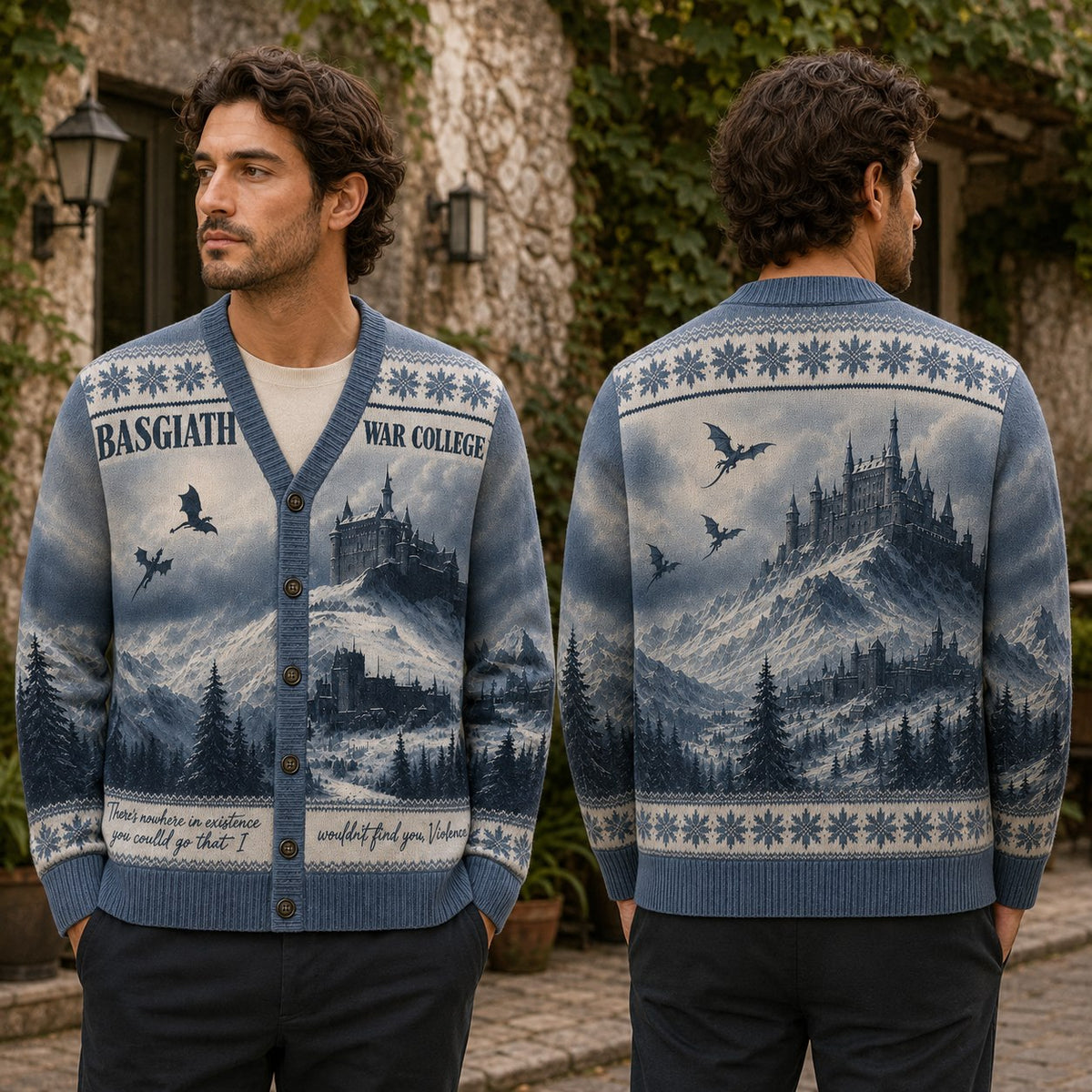 Fourth Wing cardigan Basgiath War College snowy mountain blue Fair Isle knit - view 1