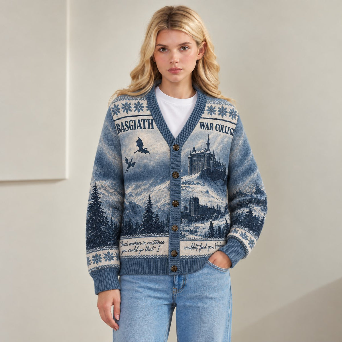 Fourth Wing cardigan Basgiath War College snowy mountain blue Fair Isle knit - view 3