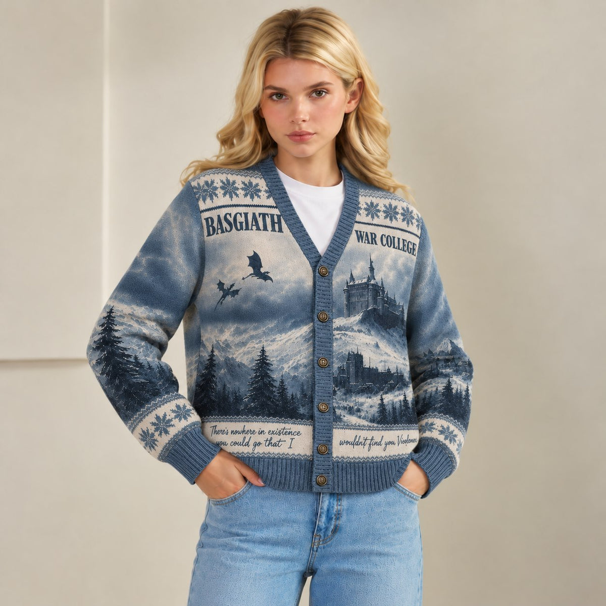 Fourth Wing cardigan Basgiath War College snowy mountain blue Fair Isle knit - view 5