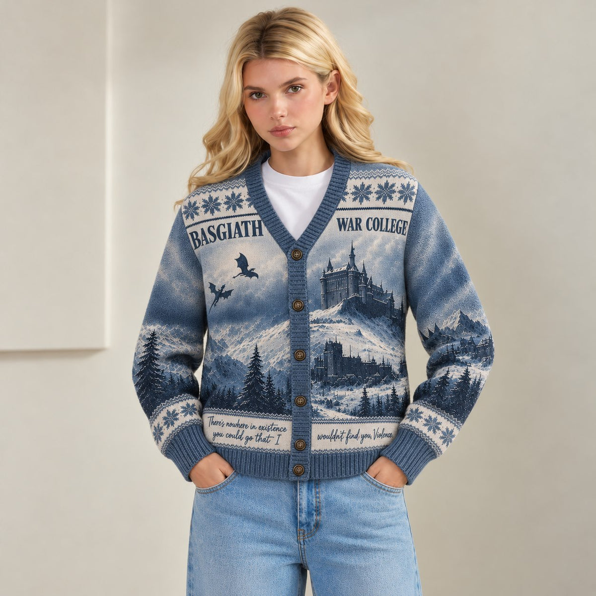Fourth Wing cardigan Basgiath War College snowy mountain blue Fair Isle knit - view 6