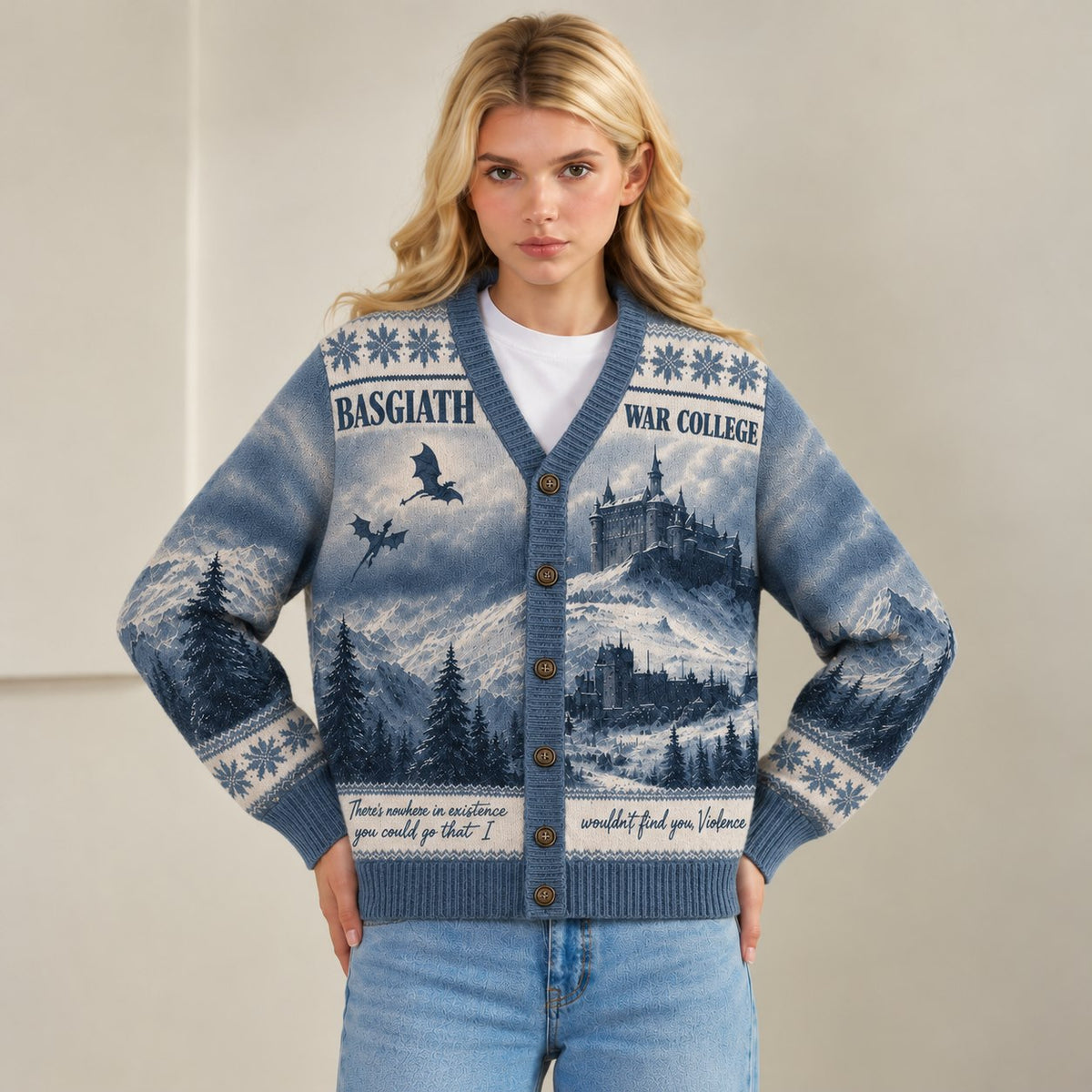 Fourth Wing cardigan Basgiath War College snowy mountain blue Fair Isle knit - view 7
