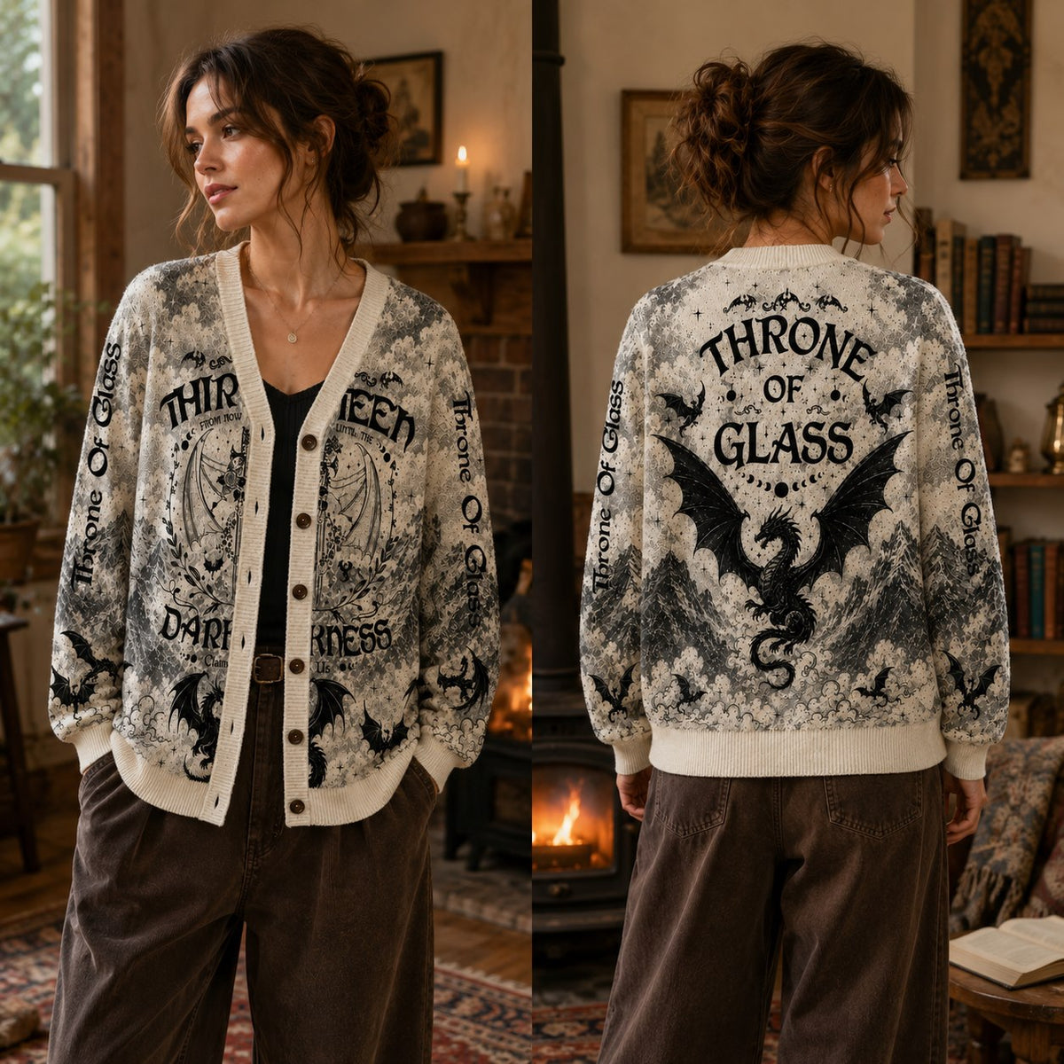 Throne of Glass cardigan The Thirteen wyvern gray toile knit - view 3