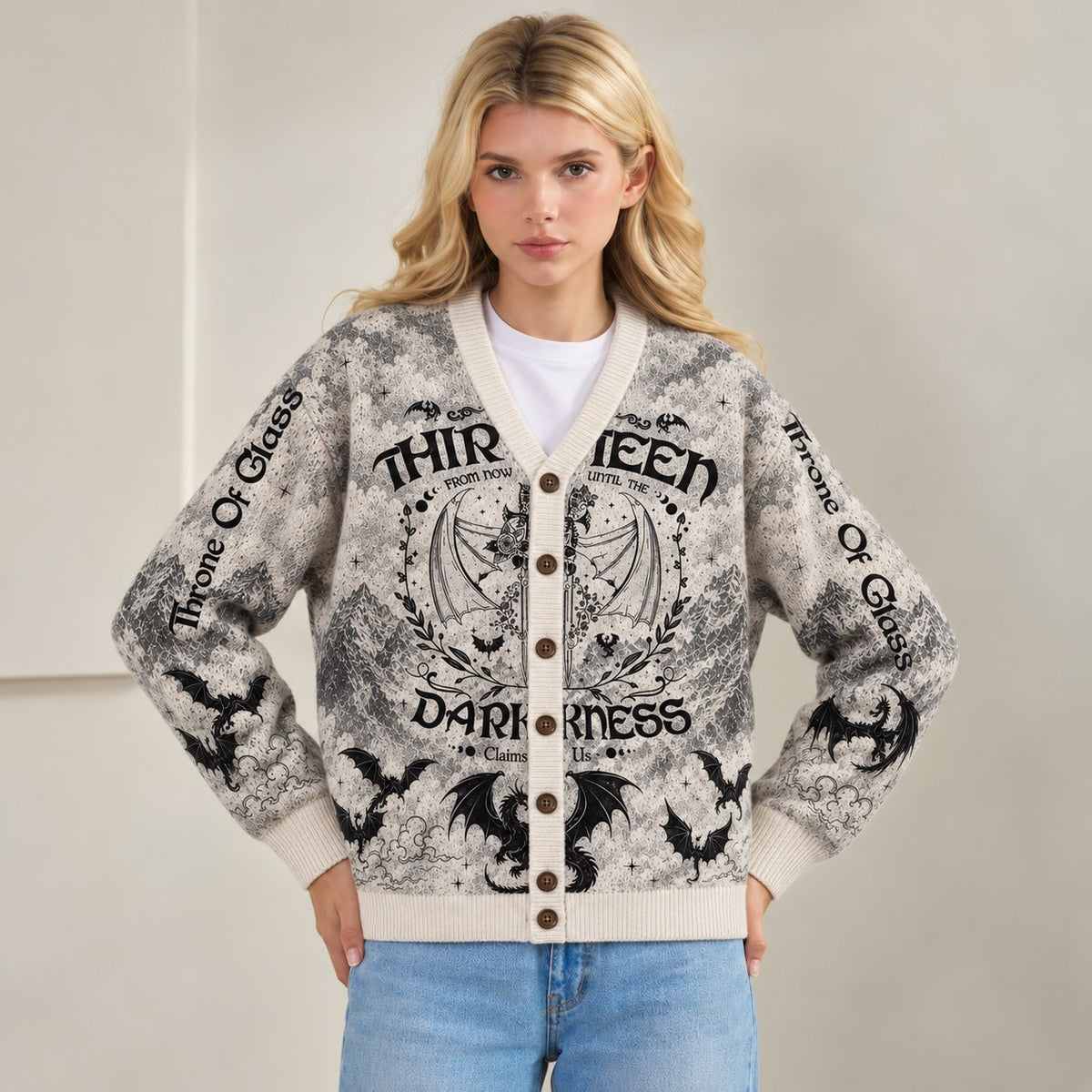 Throne of Glass cardigan The Thirteen wyvern gray toile knit - view 5