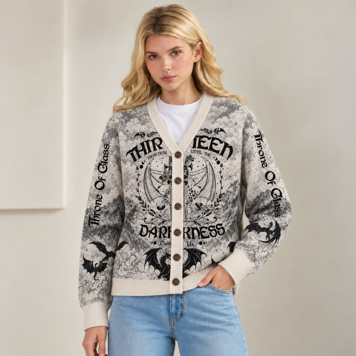 Throne of Glass cardigan The Thirteen wyvern gray toile knit - view 6