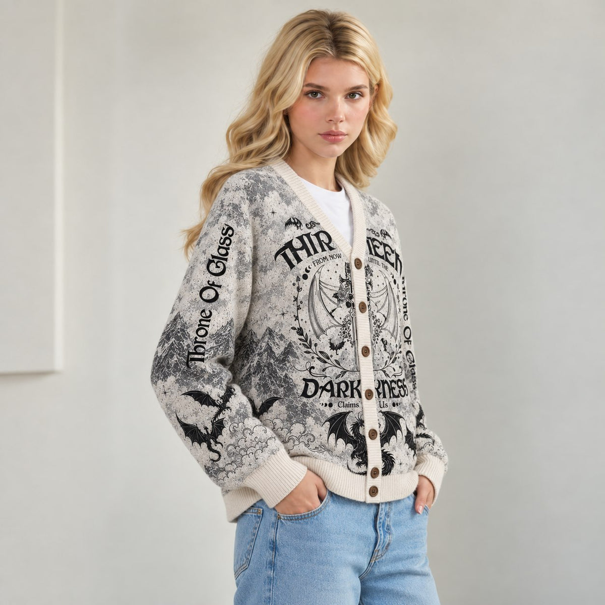 Throne of Glass cardigan The Thirteen wyvern gray toile knit - view 7
