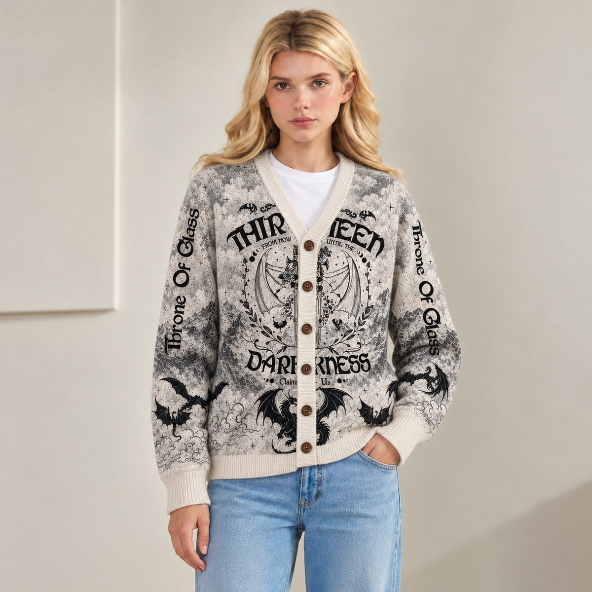 Throne of Glass cardigan The Thirteen wyvern gray toile knit - view 9