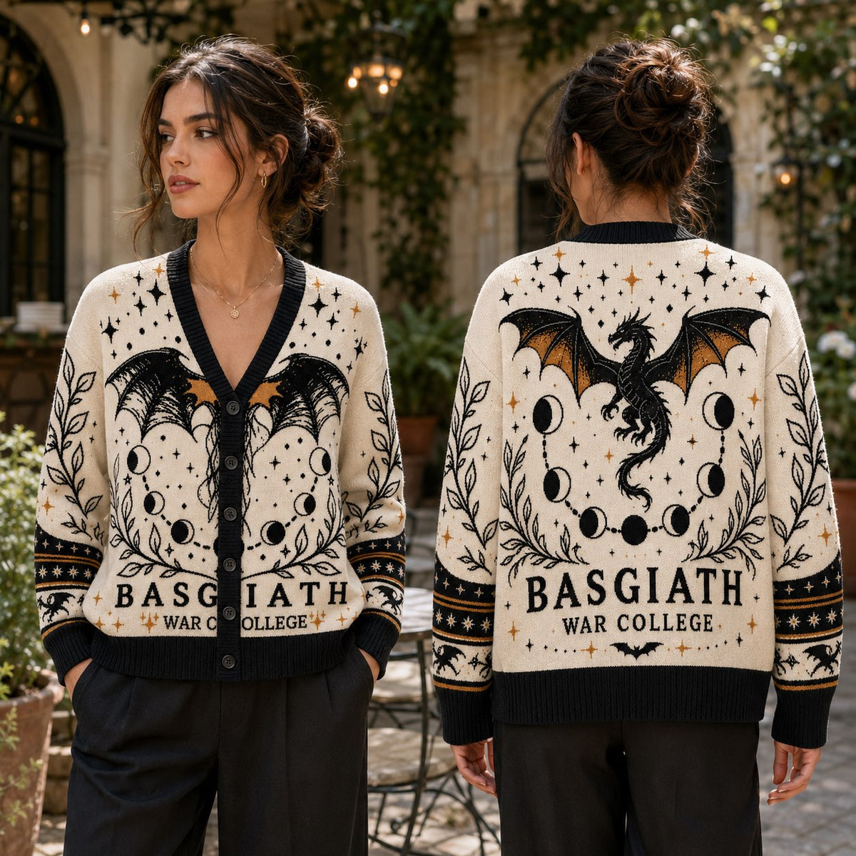 Fourth Wing cardigan Basgiath War College black dragon moon phase cream knit - view 3