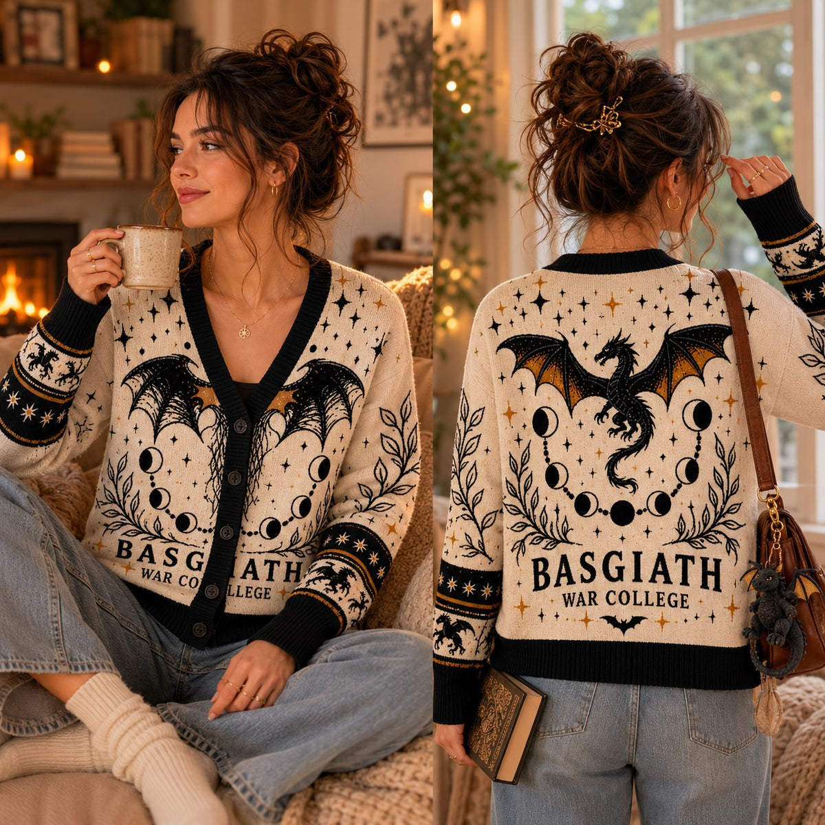Fourth Wing cardigan Basgiath War College black dragon moon phase cream knit - view 4