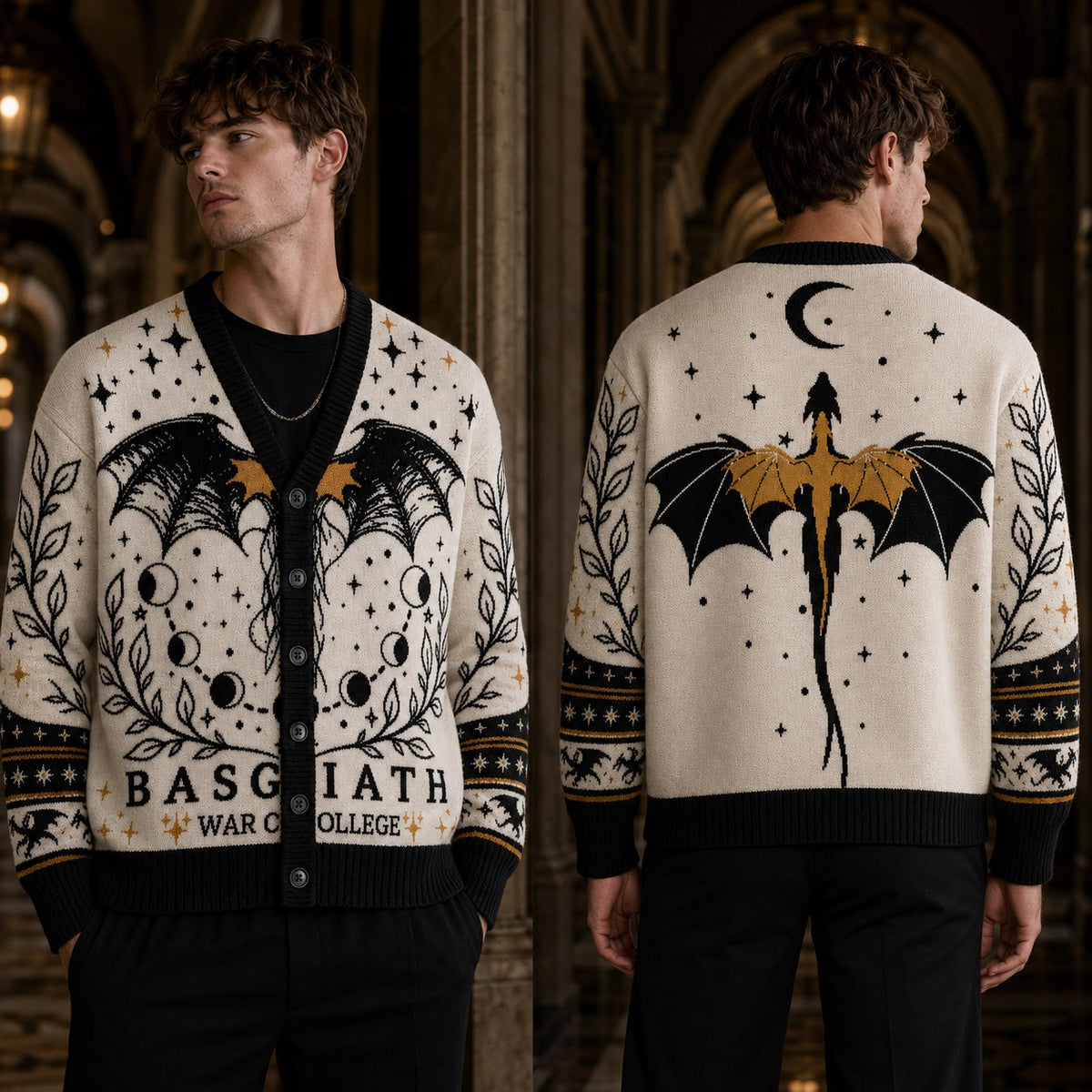 Fourth Wing cardigan Basgiath dragon wings crescent moon cream black knit - view 1