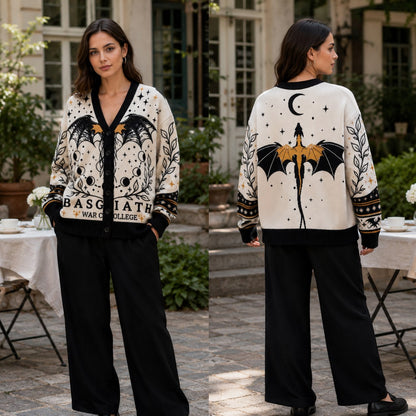 Fourth Wing cardigan Basgiath dragon wings crescent moon cream black knit - view 2