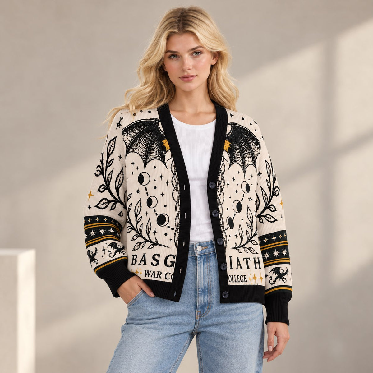Fourth Wing cardigan Basgiath dragon wings crescent moon cream black knit - view 3