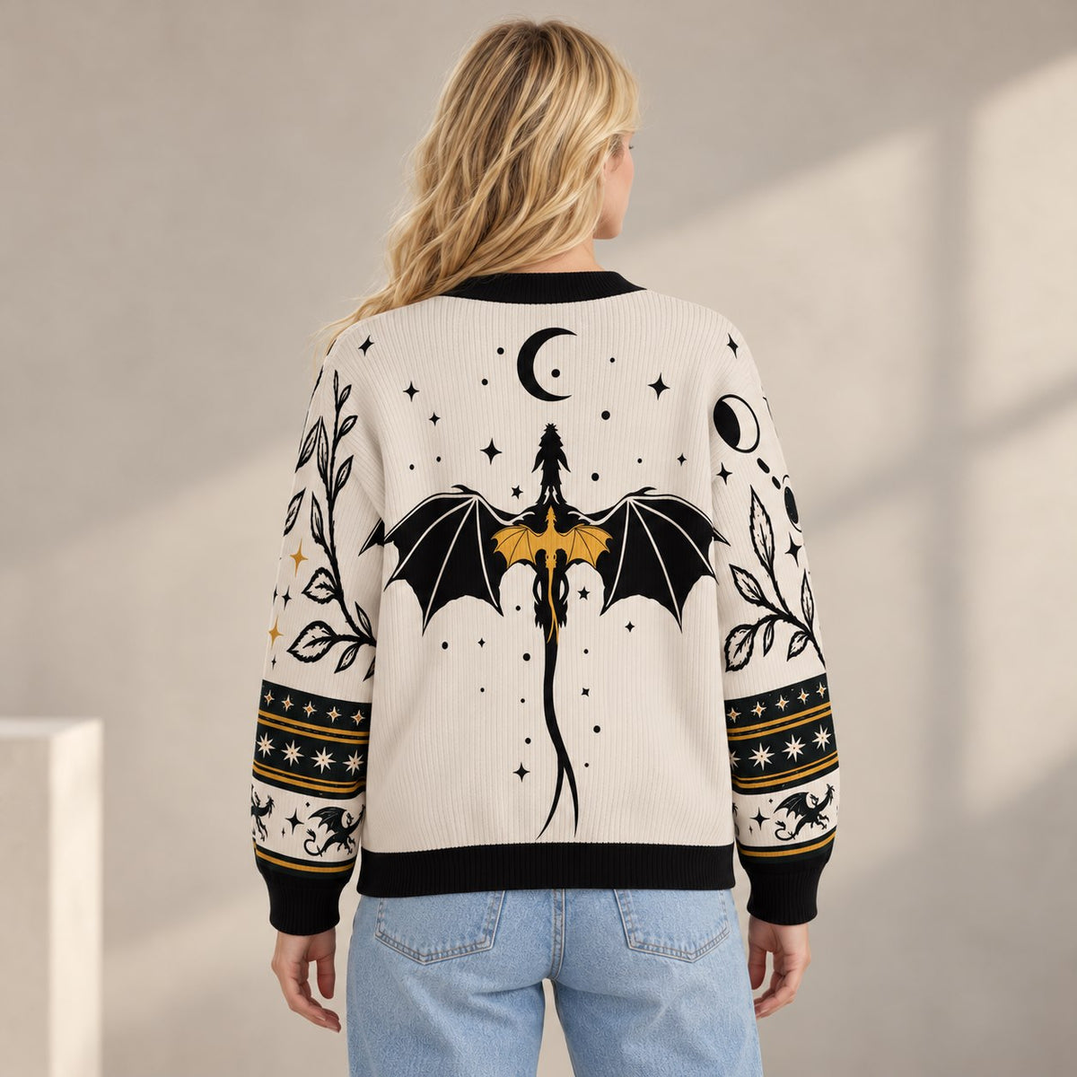 Fourth Wing cardigan Basgiath dragon wings crescent moon cream black knit - view 4