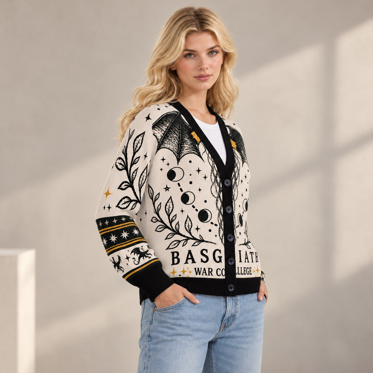 Fourth Wing cardigan Basgiath dragon wings crescent moon cream black knit - view 5