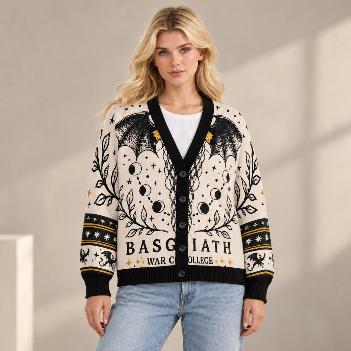 Fourth Wing cardigan Basgiath dragon wings crescent moon cream black knit - view 6