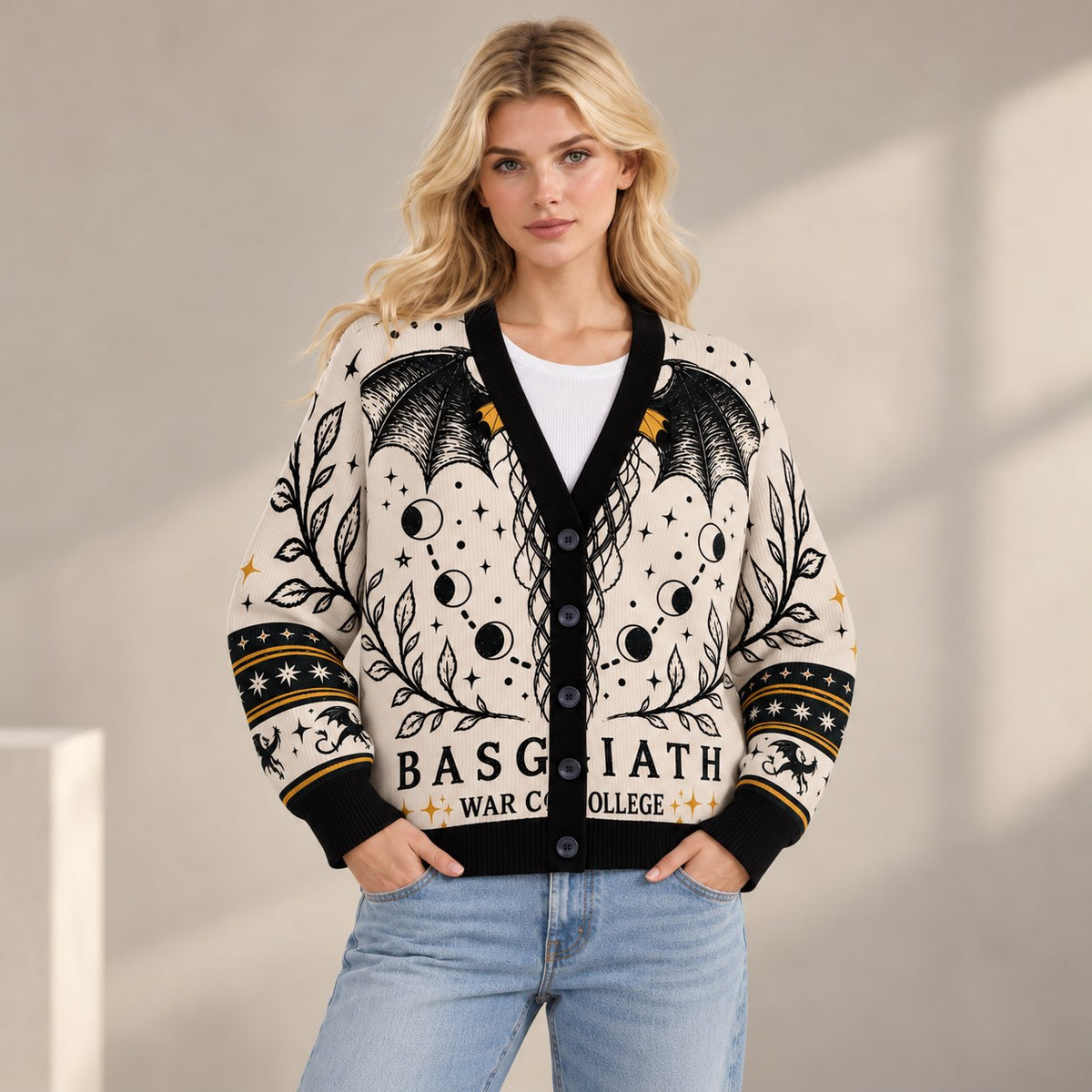 Fourth Wing cardigan Basgiath dragon wings crescent moon cream black knit - view 7