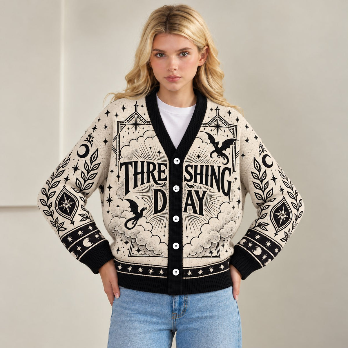 Fourth Wing cardigan Threshing Day cream dragon emblem knit - view 2